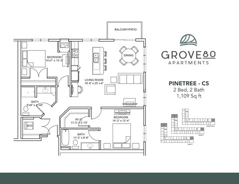 Floor plan for 2 beds, 2 baths, 1109 sqft